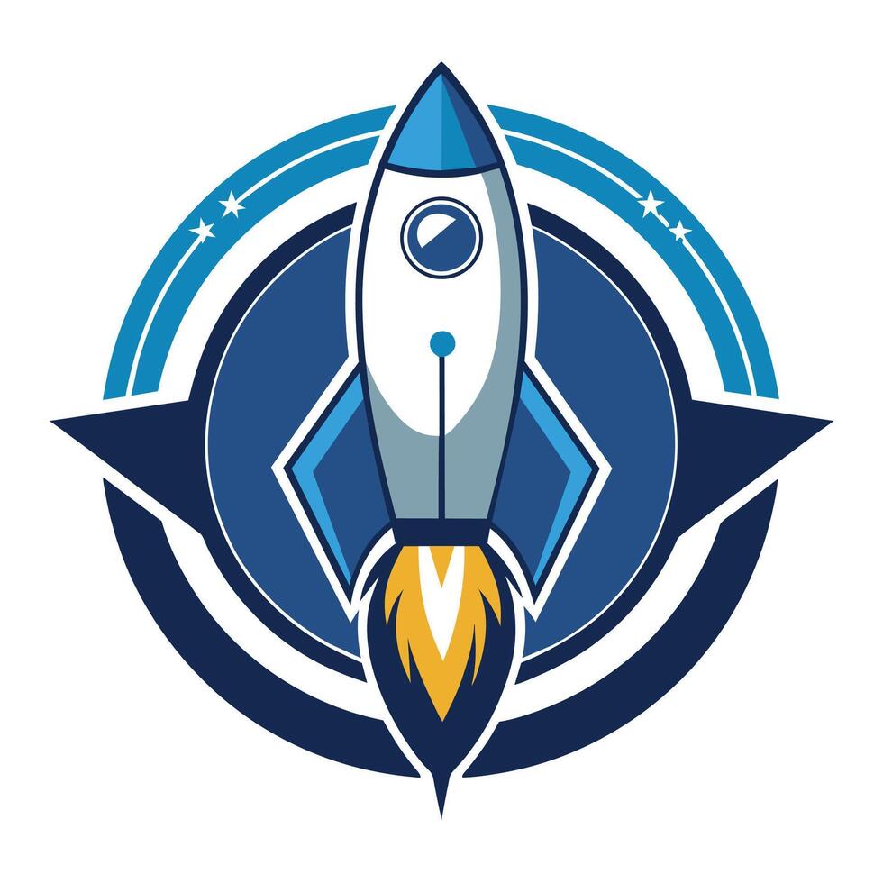 Blue and Yellow Rocket Launching Through Stars in Circular Emblem vector