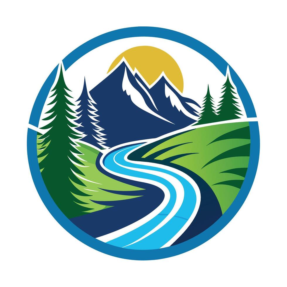 Blue River Winding Through Green Valley With Mountains and Sun in Circular Design vector