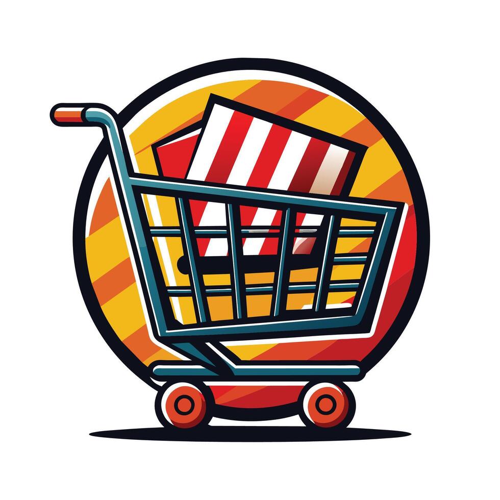 Cartoon Shopping Cart With Red and White Striped Package vector