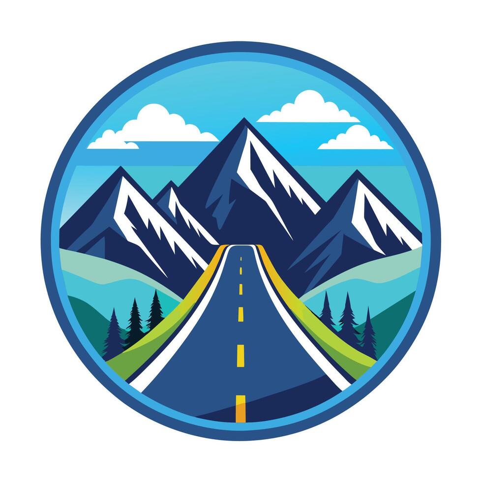 Winding Road Leading Through Majestic Mountain Range on a Sunny Day vector