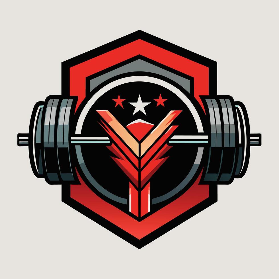 Red, Black, and Silver Weightlifting Logo With Stars vector