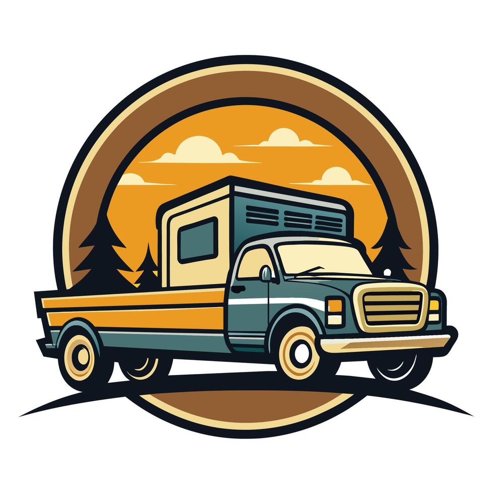 Vintage Pickup Truck With Camper Shell In Sunset Landscape vector