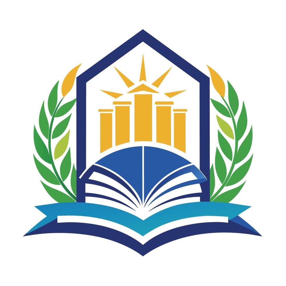 Education Emblem Featuring Open Book and Columns Under Sun vector