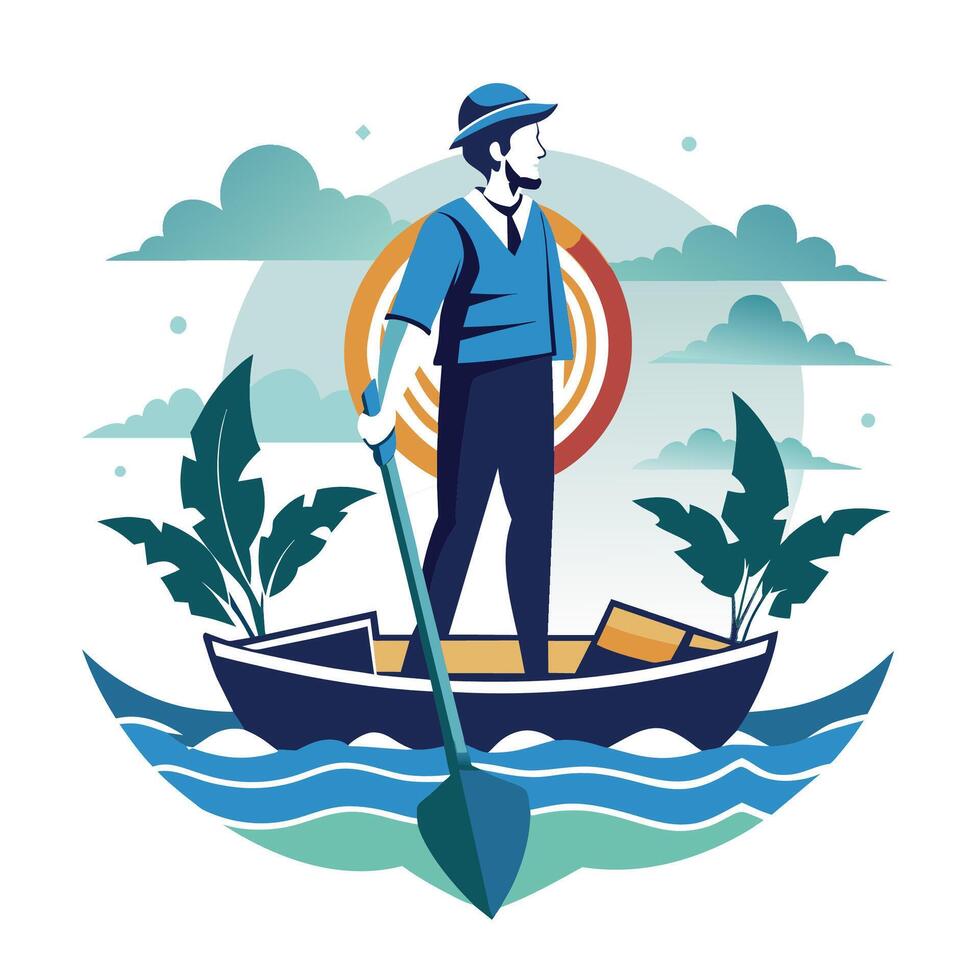 Man Rowing Boat in Calm Waters With Tropical Plants vector