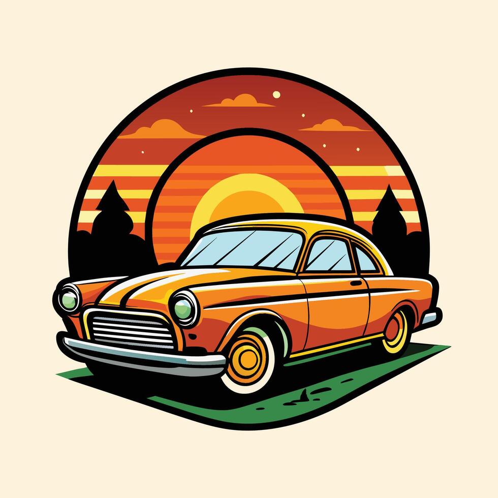 Classic Car Silhouette at Sunset With Trees and Stripes vector
