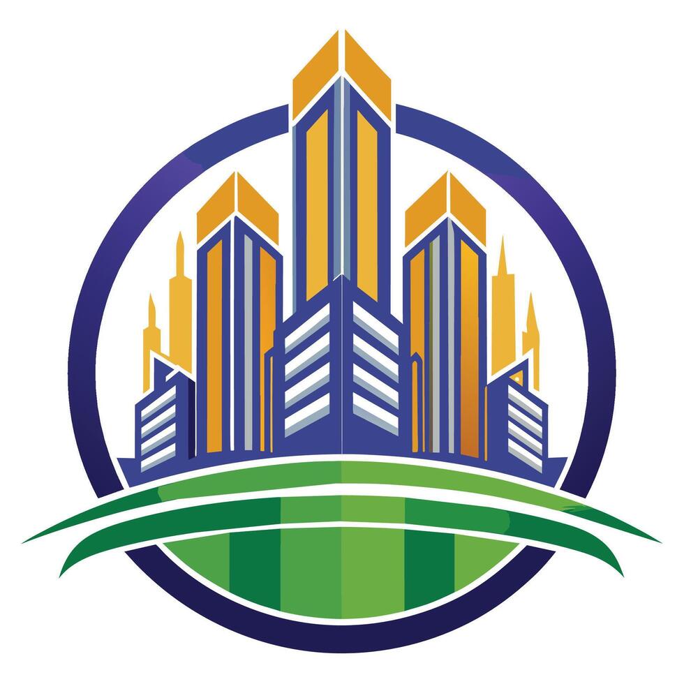 Colorful City Skyline Illustration With Green Grass and Blue Circle vector