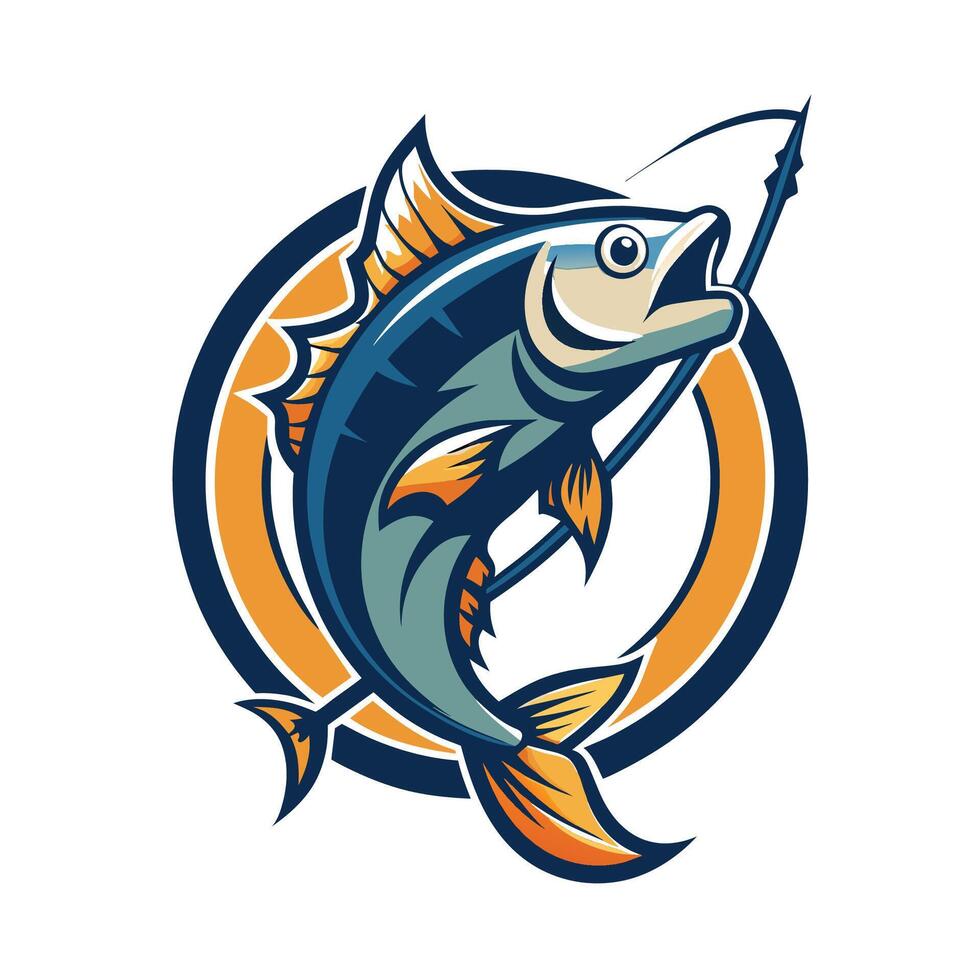 Colorful Cartoon Fish Caught On A Fishing Hook In A Circle vector