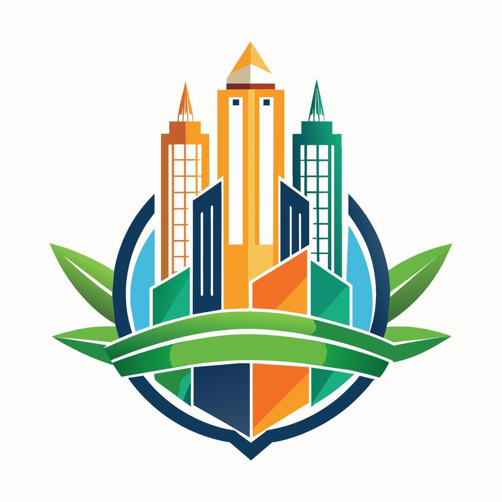 Colorful Cityscape With Green Leaves Illustration vector
