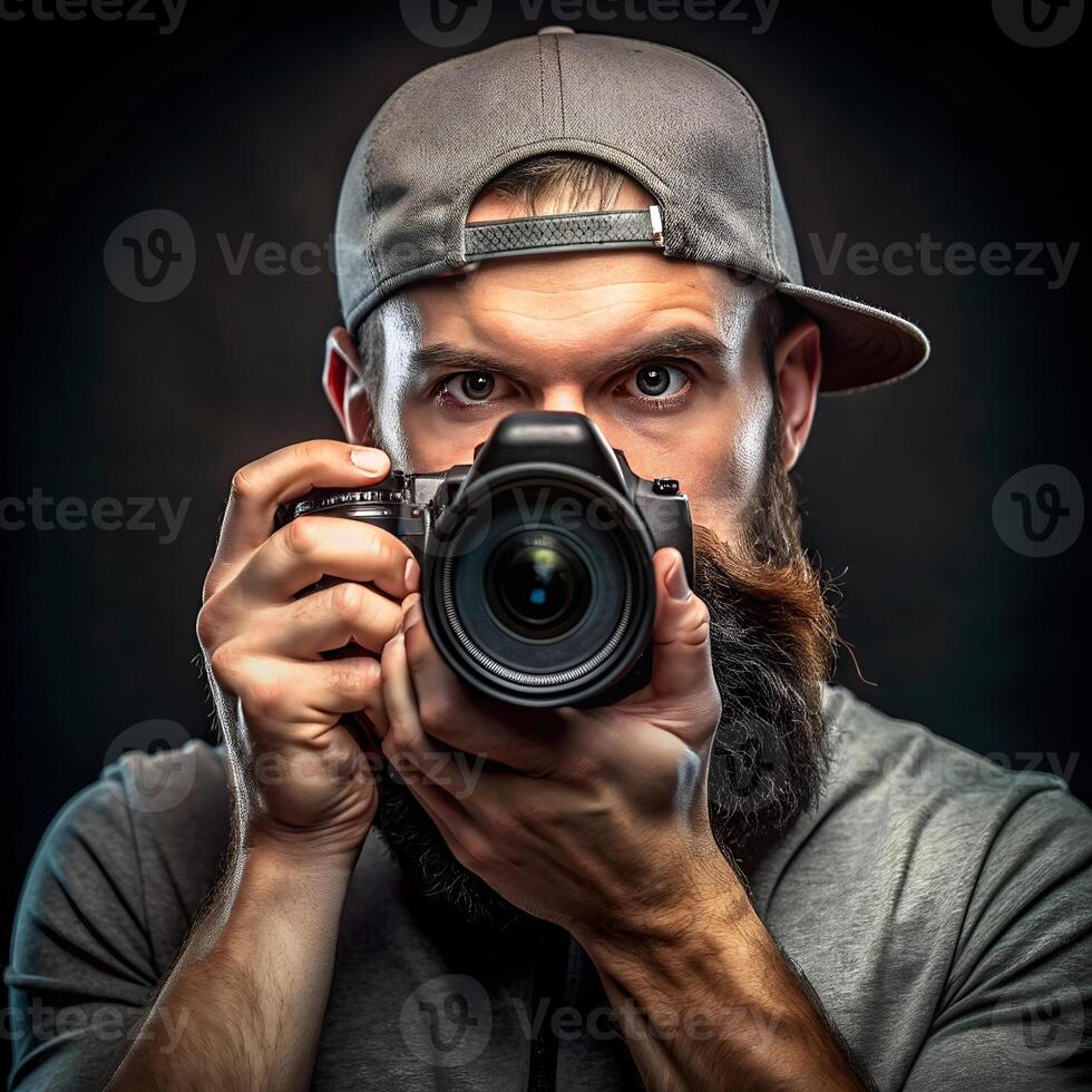 Bearded photographer with cap holding camera, focused on capturing the perfect shot photo