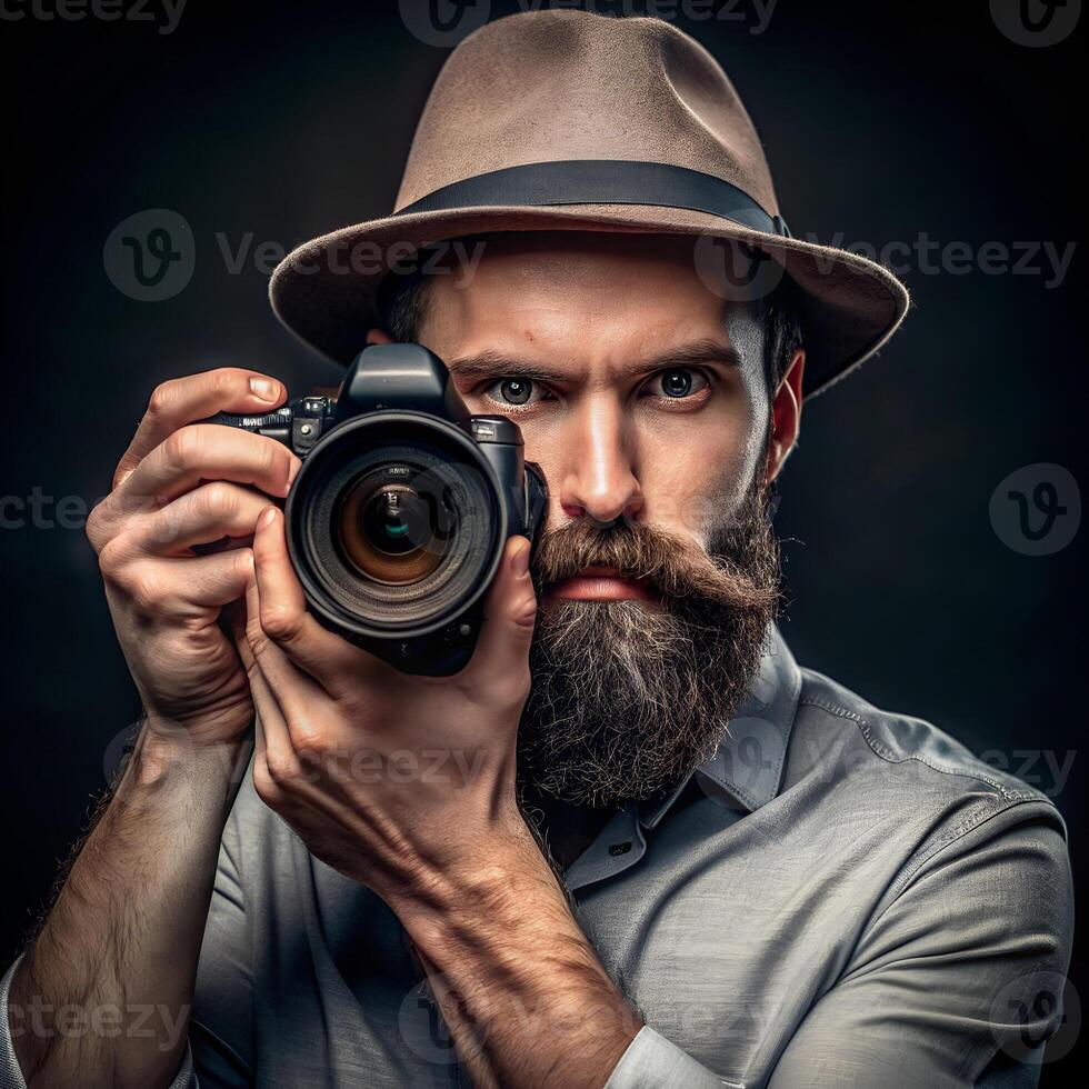 Bearded photographer with cap holding camera, focused on capturing the perfect shot photo