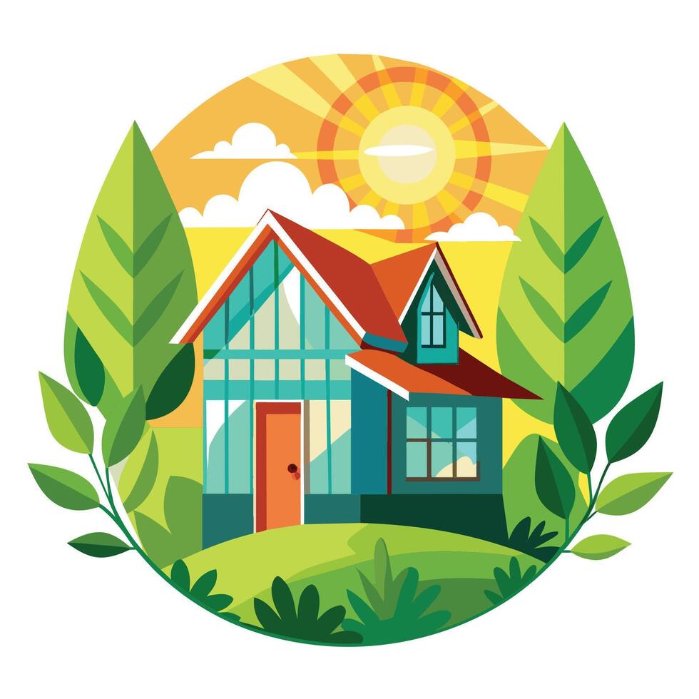 Modern House With Red Roof and Large Windows in Sunny Landscape vector