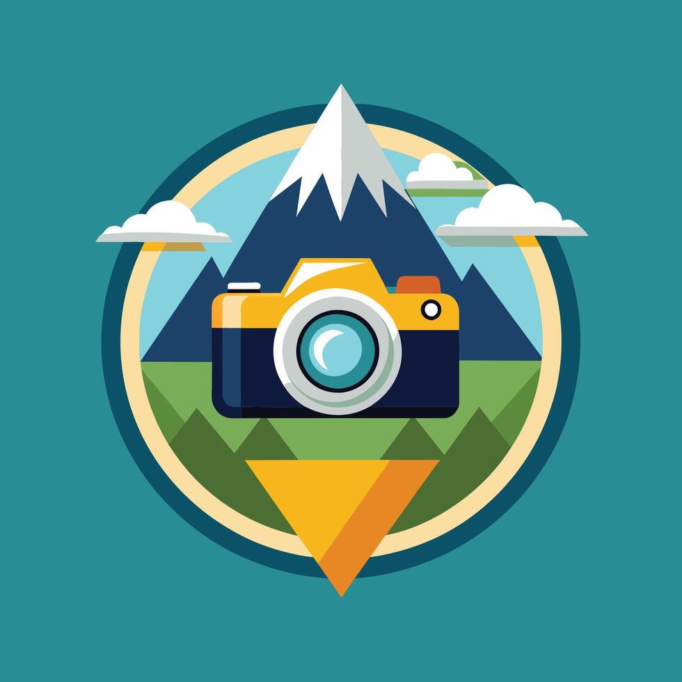 A Yellow Camera In Front Of A Mountain Landscape vector