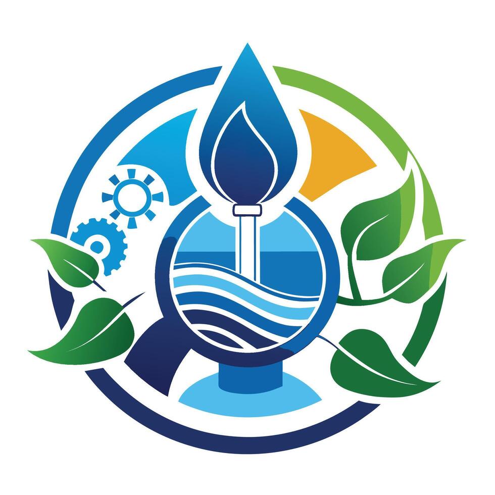 Blue Water Drop Logo With Green Leaves and Gears vector
