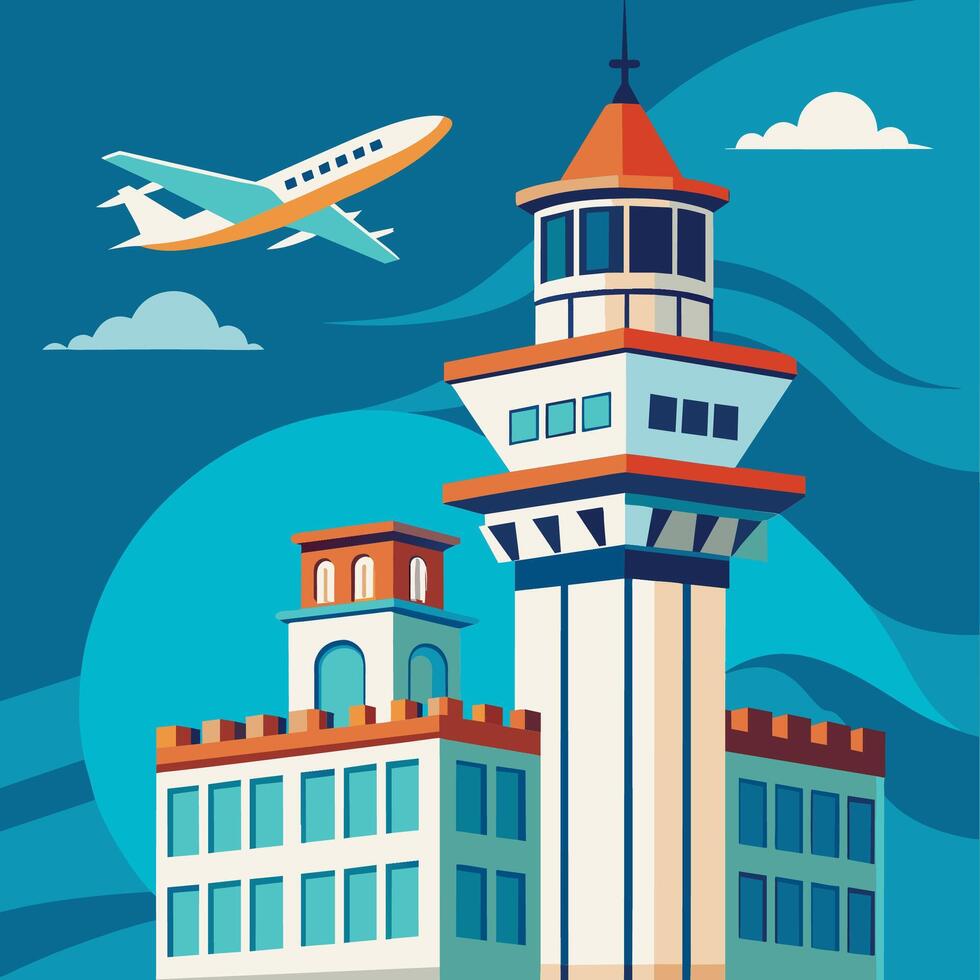 Airplane Flying Over a Tall Control Tower at an Airport vector