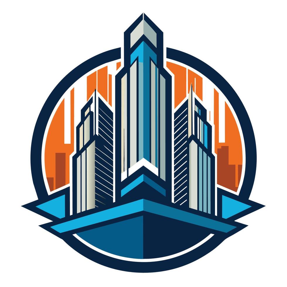 Modern Cityscape Skyline Logo Design With Buildings and Orange Circle vector