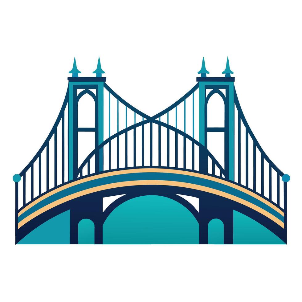Blue Suspension Bridge Illustration With Two Towers and Arch vector