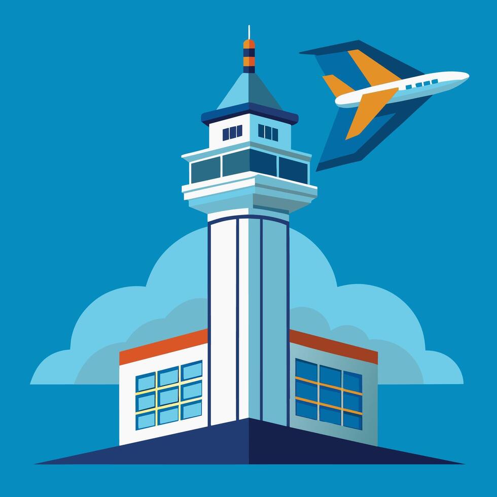 Airplane Flying Over Tall Airport Control Tower With Cloud vector