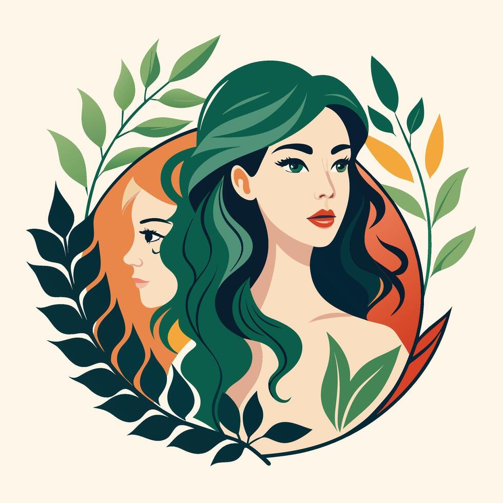 Woman With Green Hair Surrounded by Foliage in a Circular Frame vector