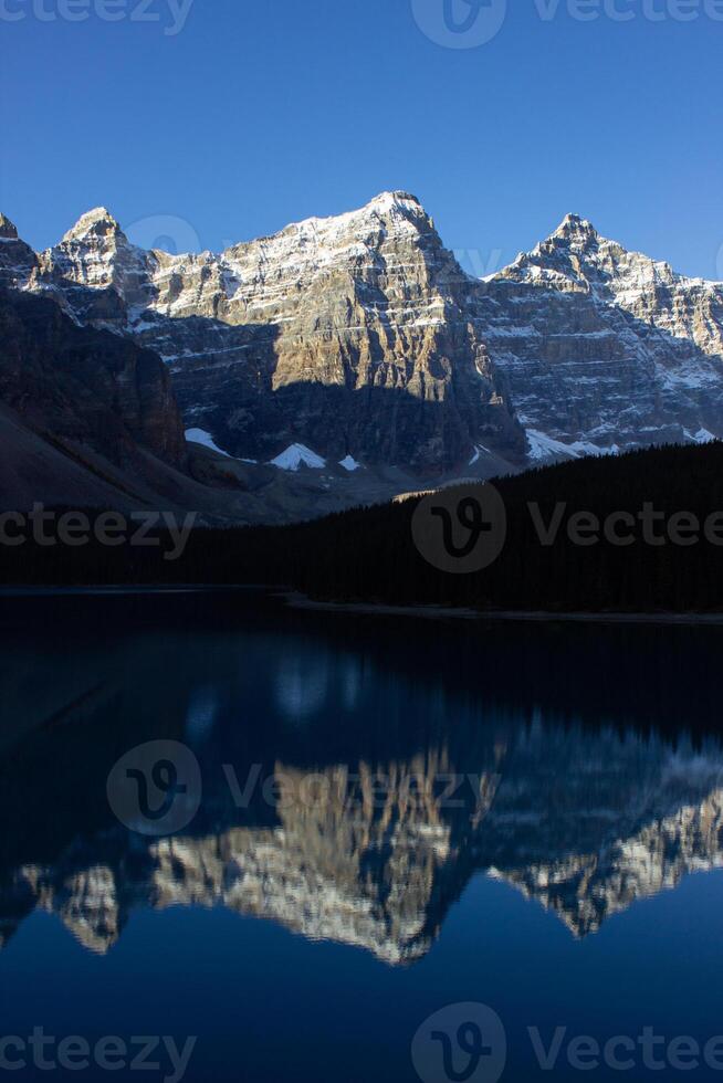 Valley of Ten Peaks near Moraine Lake on a sunny autumn day with snow on the mountain. photo