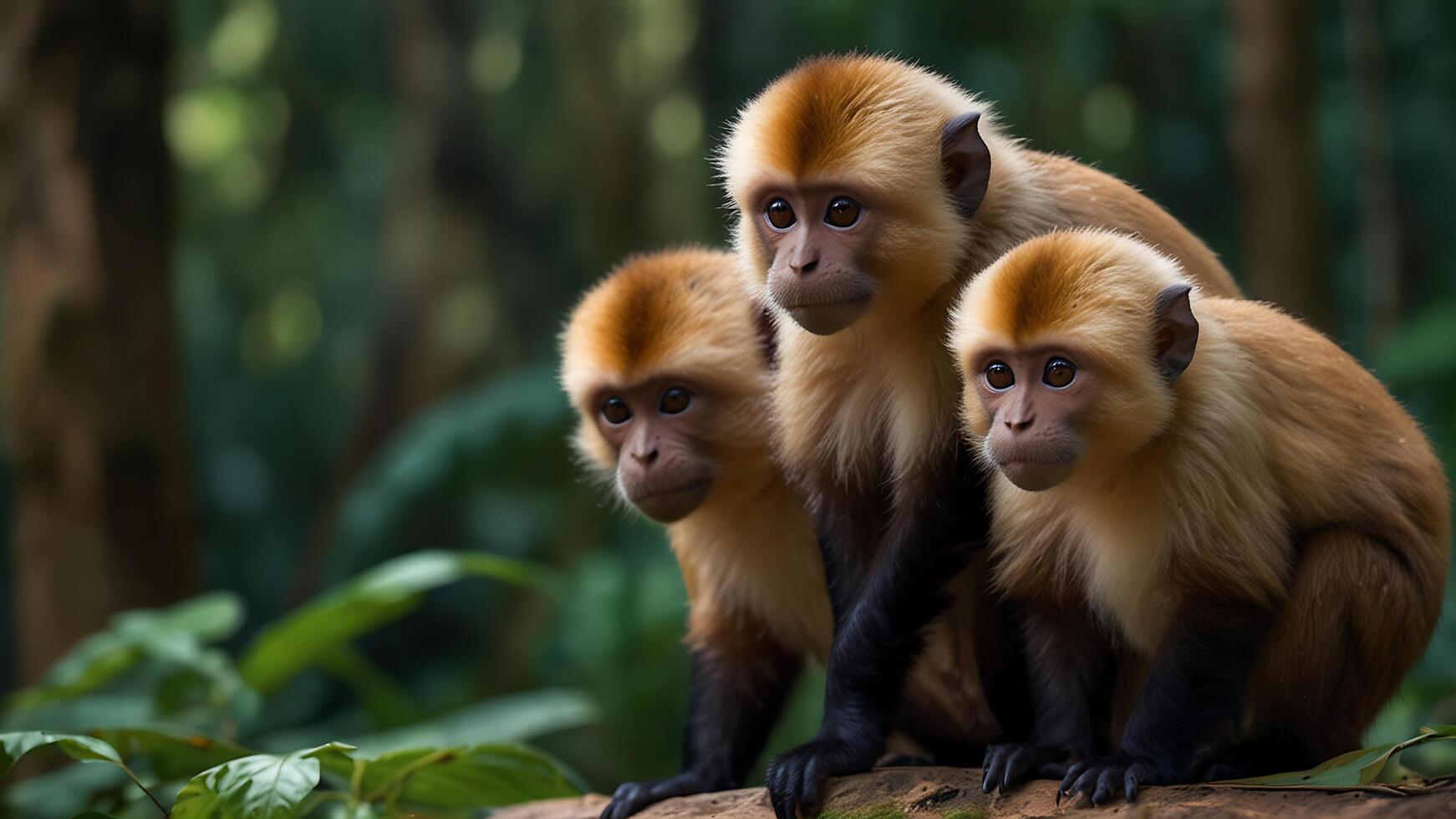 three monkeys sitting on a log in the jungle photo