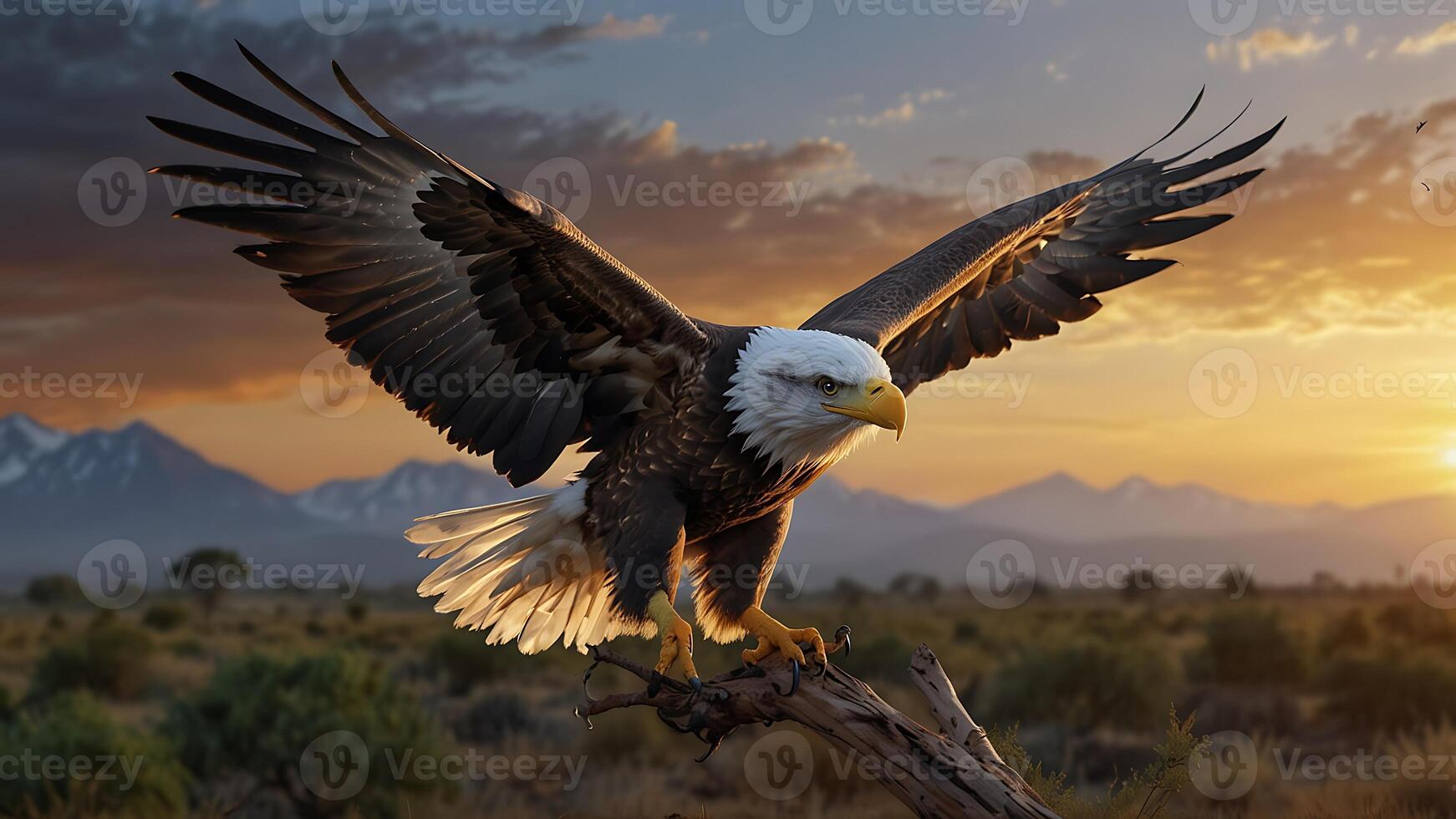 an eagle flying over a forest at sunset photo