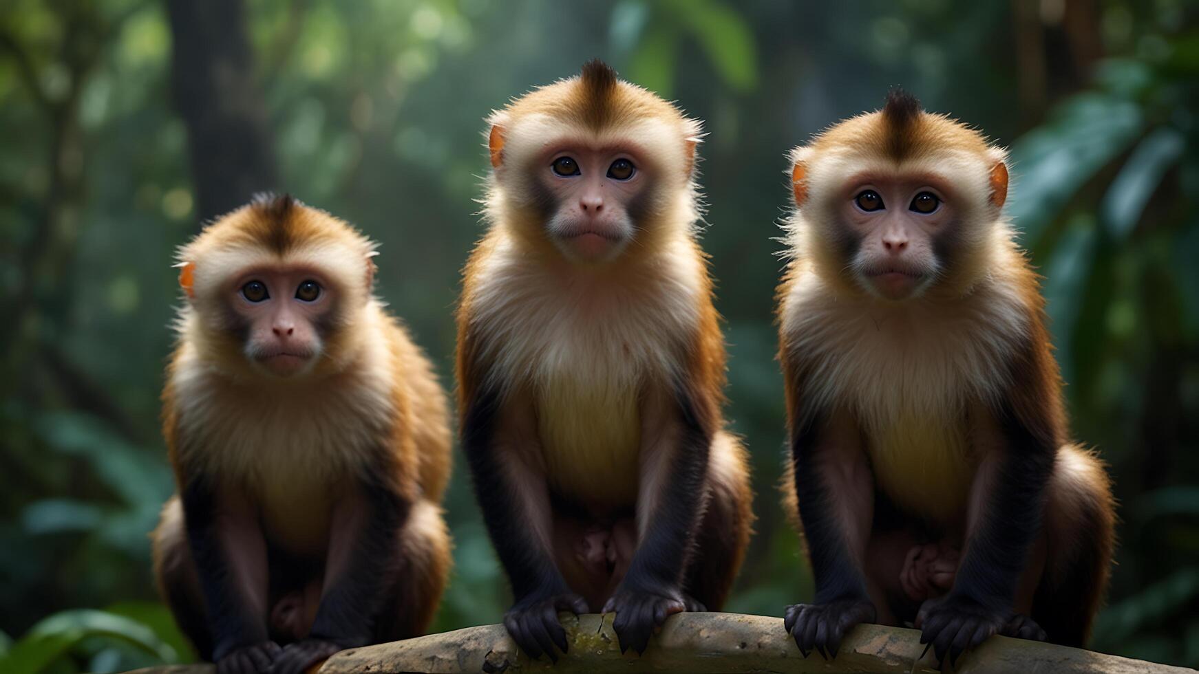 three monkeys sitting on a log in the jungle photo