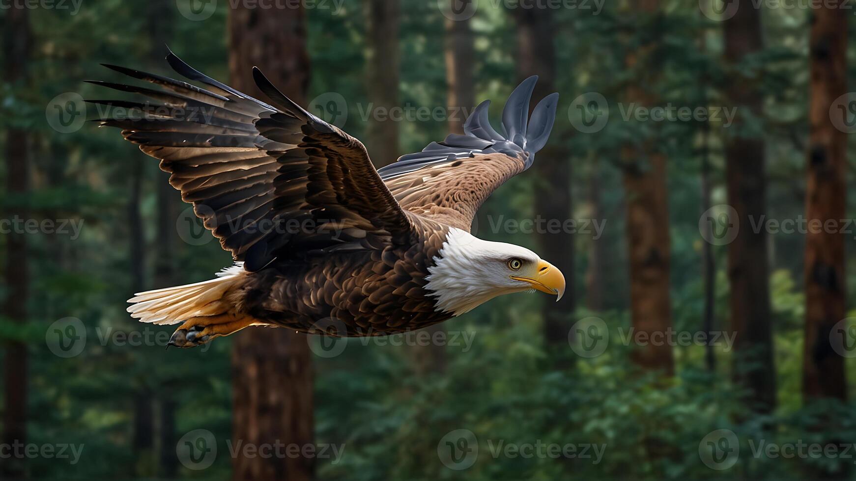 an eagle flying over a forest at sunset photo