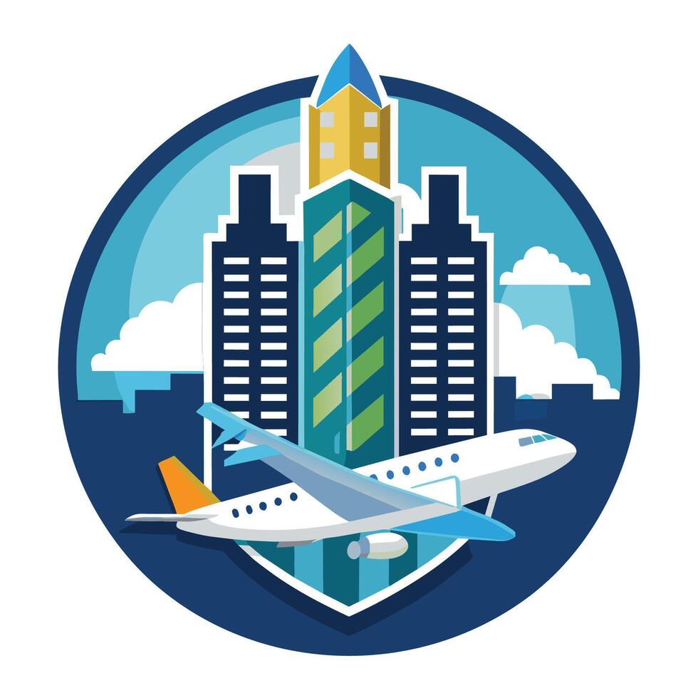 Airplane Flying Over City Skyline With Blue Sky and Clouds vector
