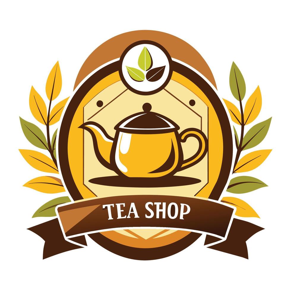Tea Shop Logo With Teapot and Leaves vector