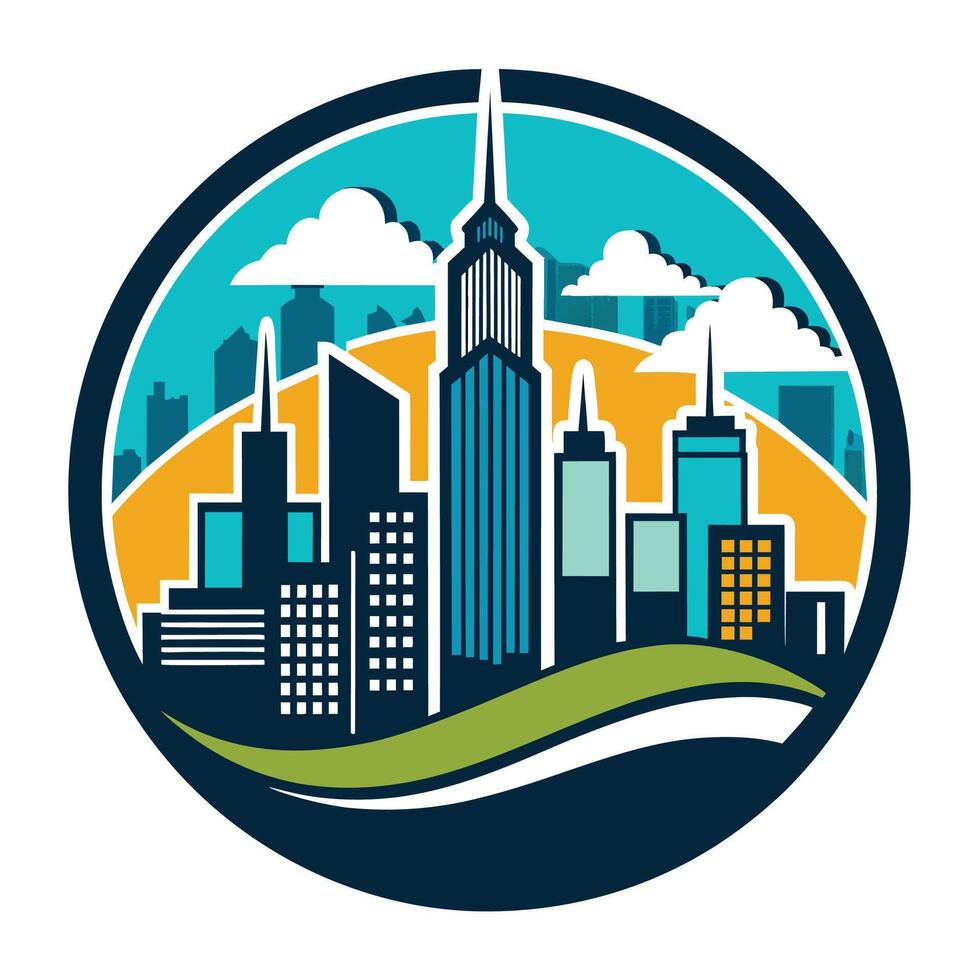 Cityscape With Tall Buildings and Clouds in a Circular Design vector