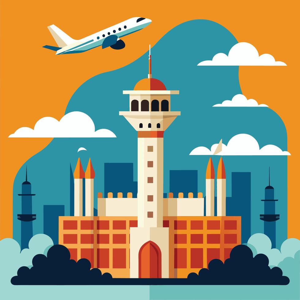 Airplane Flying Over a Cityscape With a Tall Minar in the Center vector