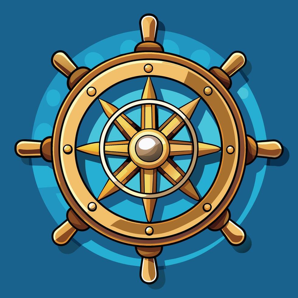 Cartoon Illustration of a Wooden Ship Steering Wheel With Eight Spokes vector