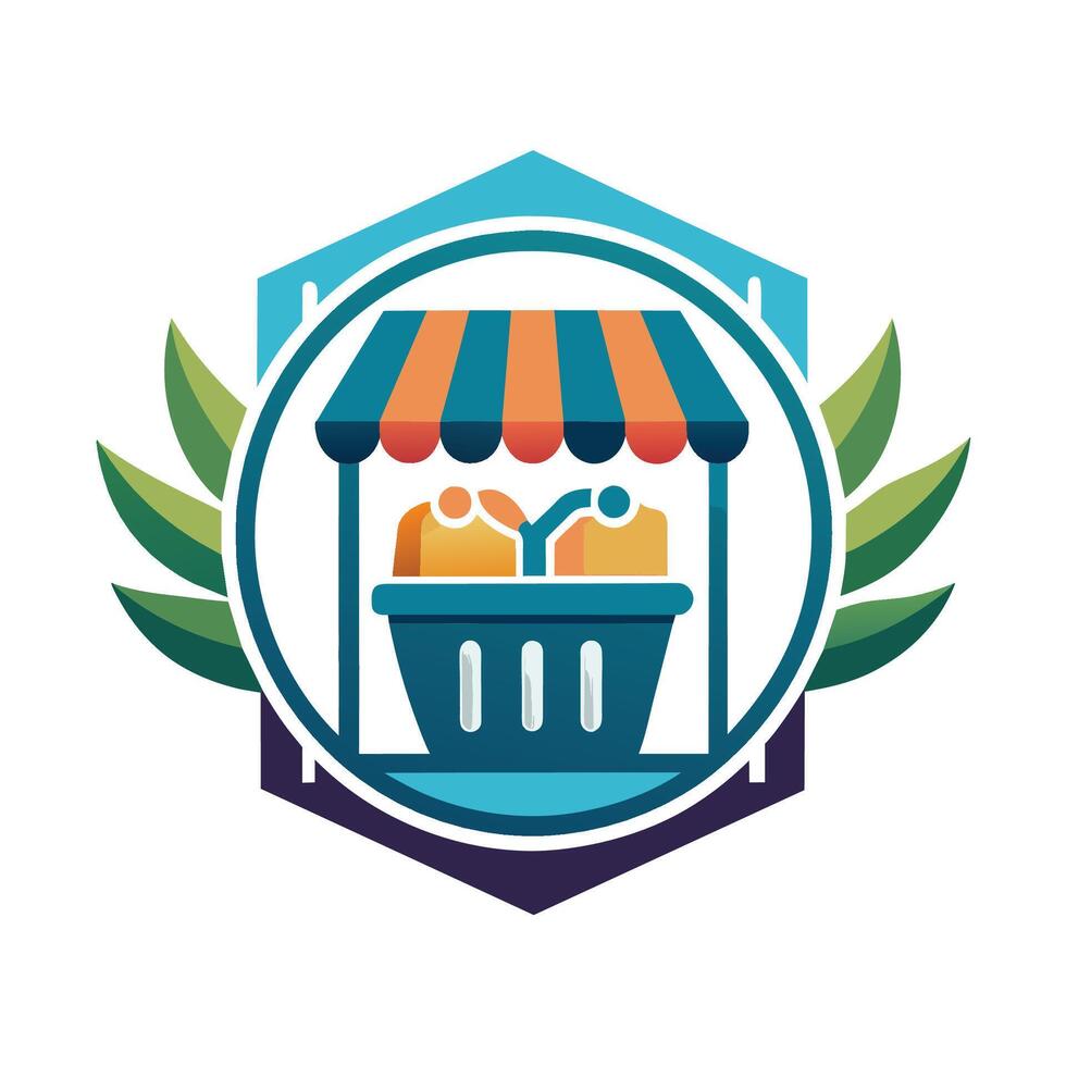 Colorful Logo Featuring a Market Stall With a Striped Awning and Basket vector