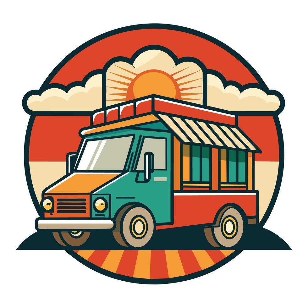 Vintage Illustration of a Food Truck With a Sunset Background vector