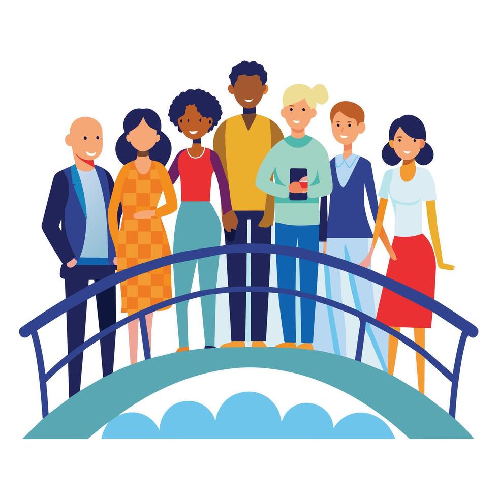 Diverse Group of People Standing on Bridge Illustration vector