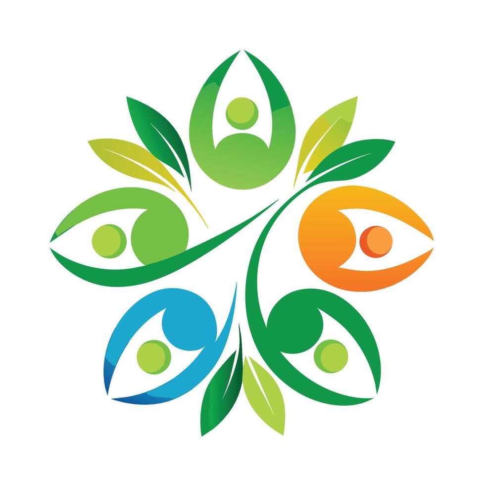 Colorful Abstract Floral Design With Five People Figures and Green Leaves vector