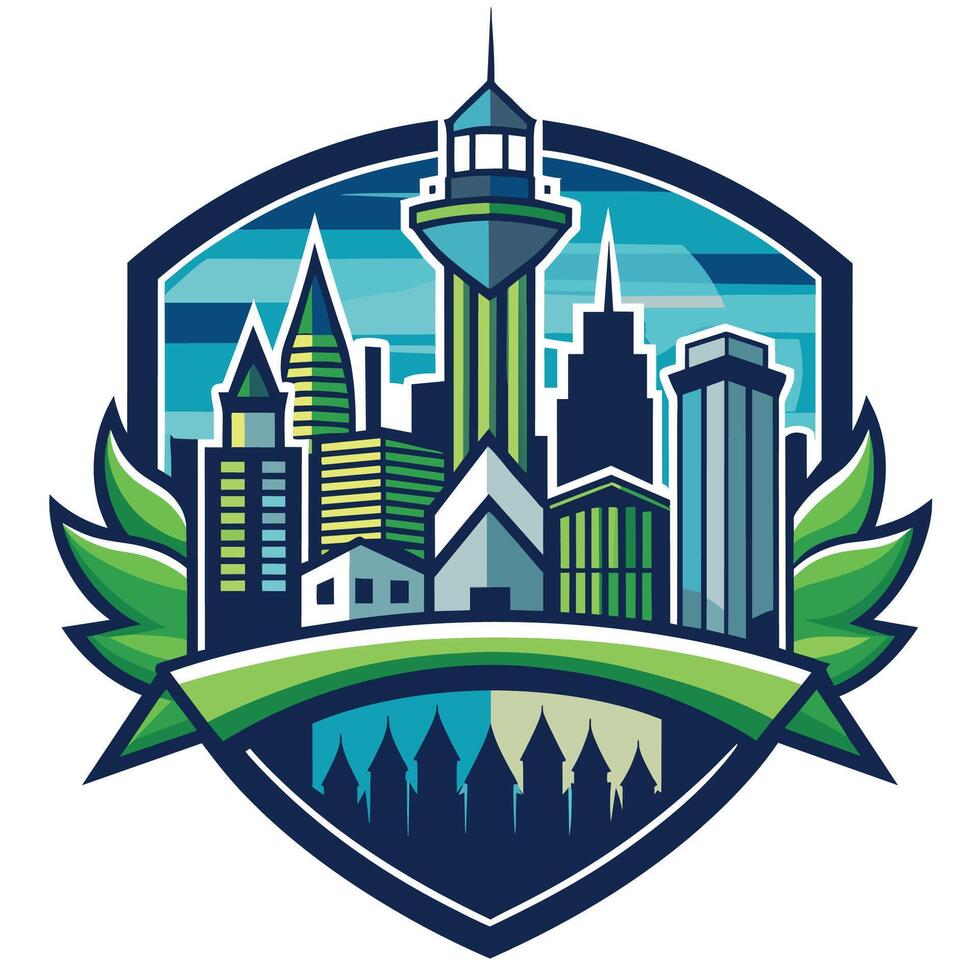 Green City Skyline With Towering Building and Leaf Accents vector
