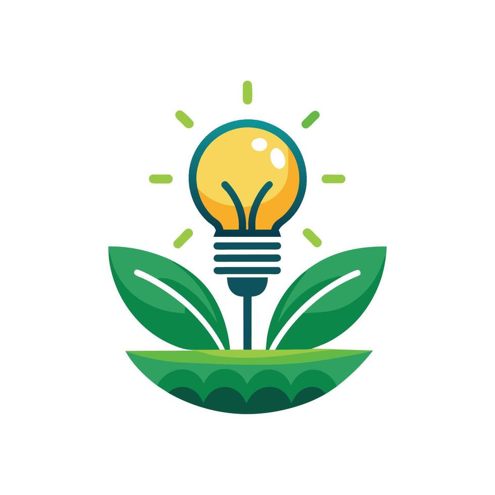 Green Lightbulb Growing From Soil With Leaves vector