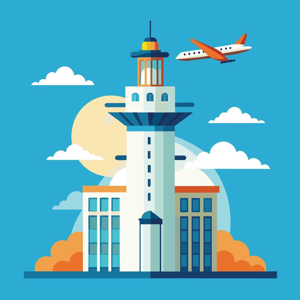 Airport Control Tower With Airplane Flying Overhead vector