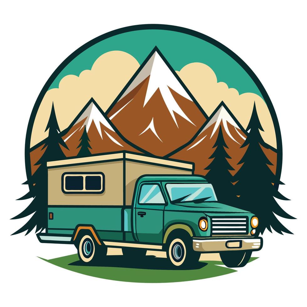 Vintage Camper Van Parked in Front of Majestic Mountain Range vector