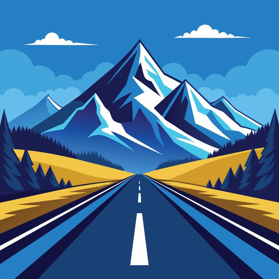 Scenic Mountain Road Leading Through a Valley With Snow Capped Peaks and Clouds in the Sky vector
