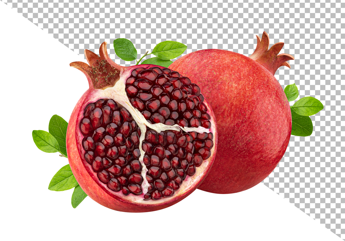 Pomegranate fruit with leaves isolated on white background psd