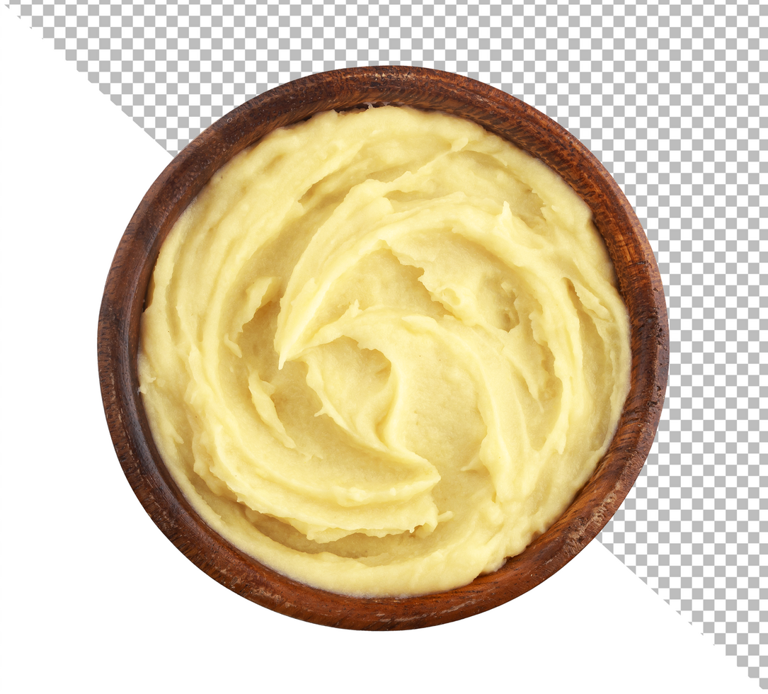 Mashed potato in black bowl isolated on white background, top view psd