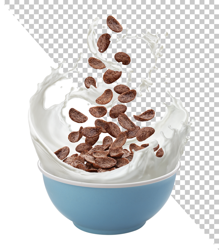 Chocolate corn flakes with pouring milk isolated on white background psd
