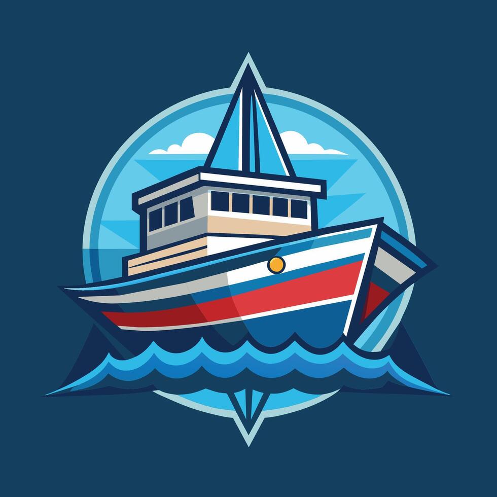 A Blue And Red Fishing Boat Sailing On The Ocean With A Compass Rose vector