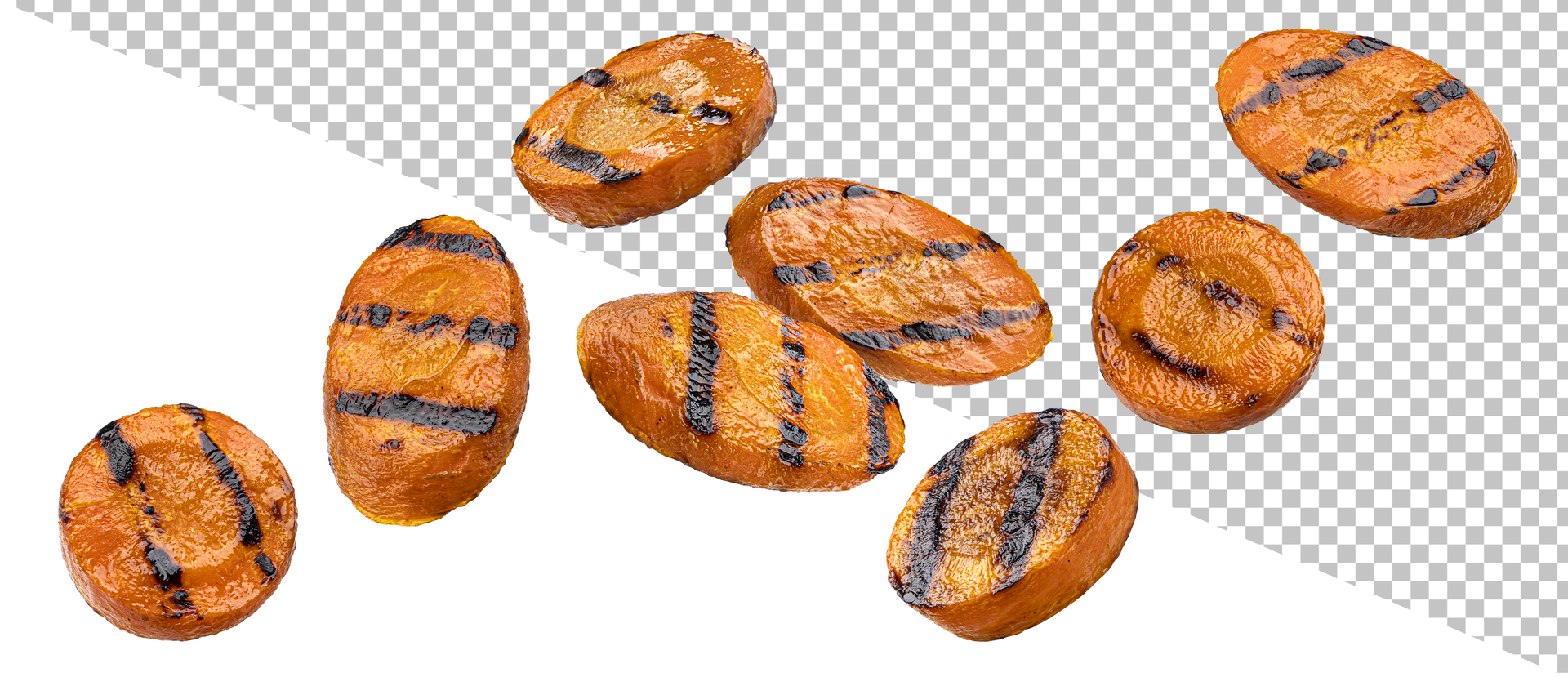 Grilled carrot slices isolated on white background, close-up psd
