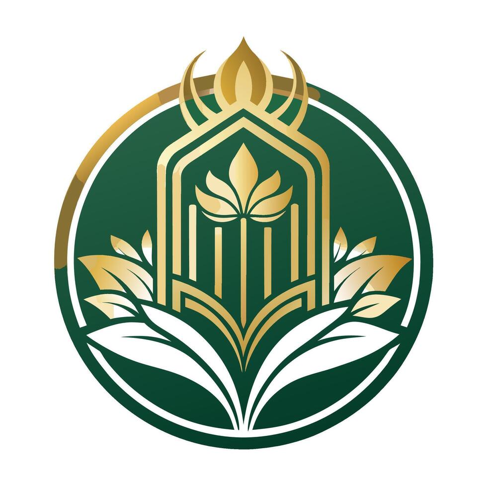 Circular Green and Gold Logo With Lotus and Leaves vector