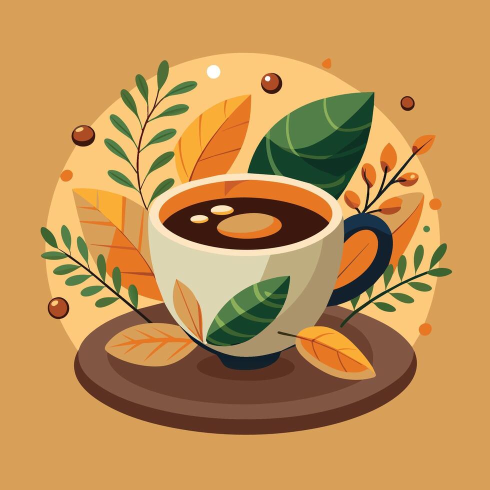 A Cup of Coffee Surrounded by Autumn Leaves vector