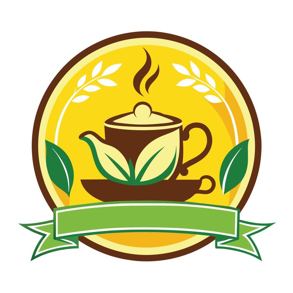 Circular Logo Featuring a Teapot and Leaves on a Yellow Background vector
