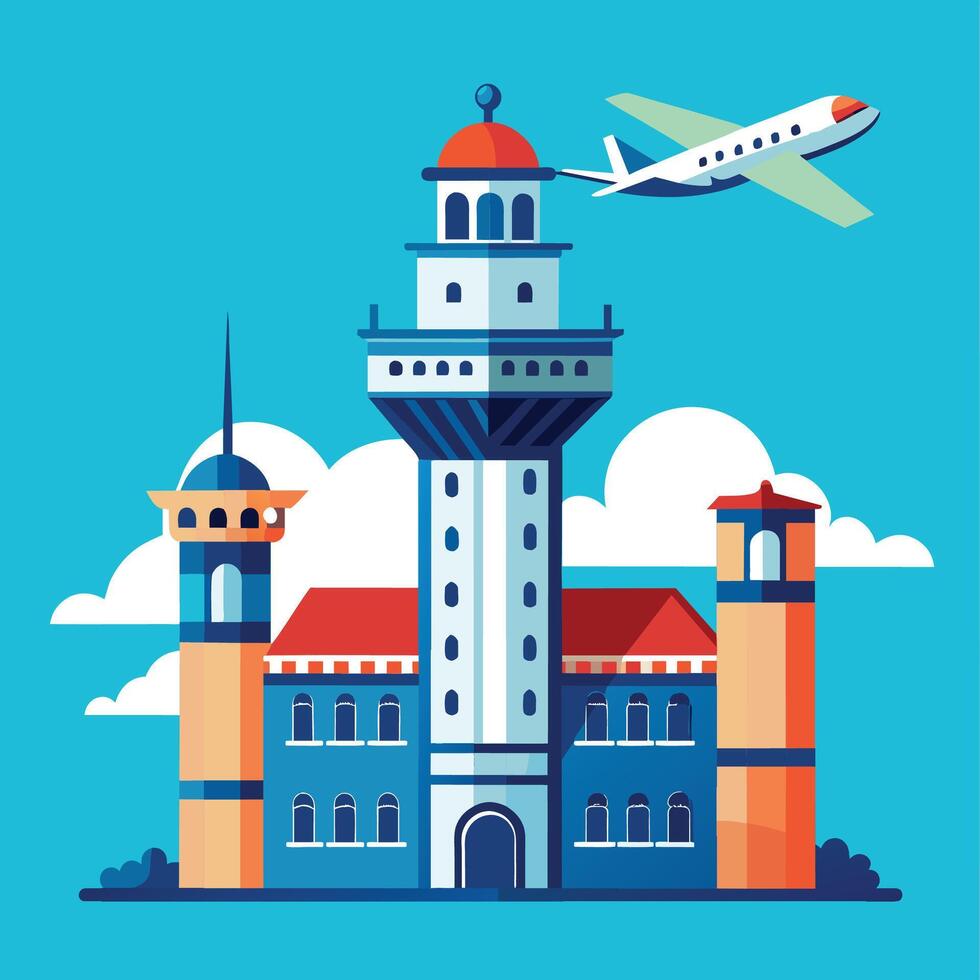 Modern Airport Building With Airplane Flying Overhead vector